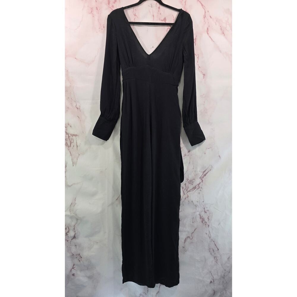 & Other Stories Jumpsuit Womens XS 2 Black Crepe Long Sleeve V Tie Cut Out Back